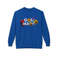 Blue God Made sweatshirt with floral design including sunflowers, rose, and purple flower on front