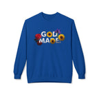 Blue God Made sweatshirt with floral design including sunflowers, rose, and purple flower on front