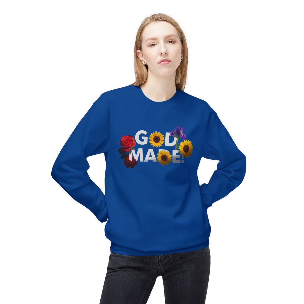 Blue God Made sweatshirt by LuckeLadybug featuring floral design with sunflowers and roses