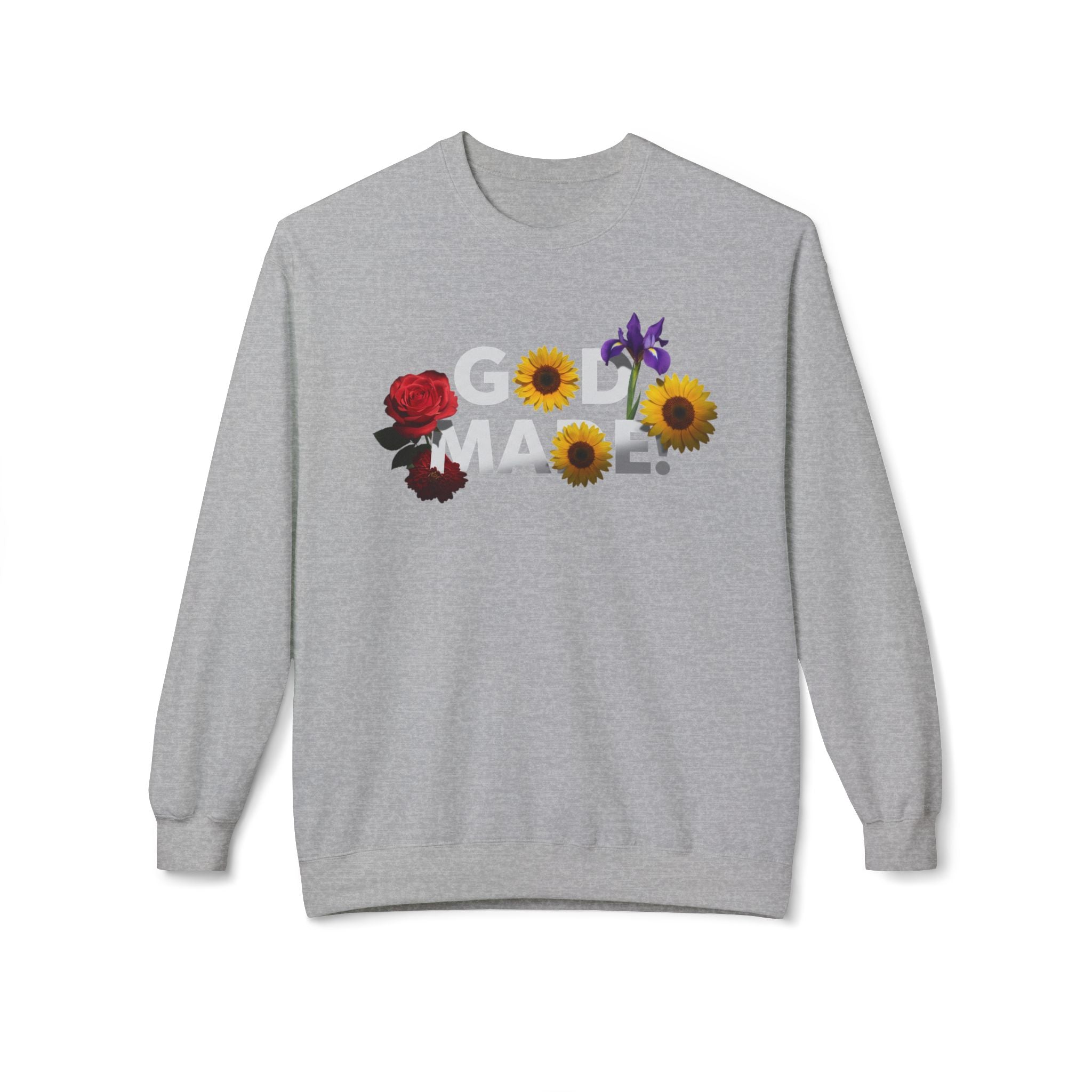 Gray God Made sweatshirt with floral design featuring rose, sunflowers, and purple iris by LuckeLadybug