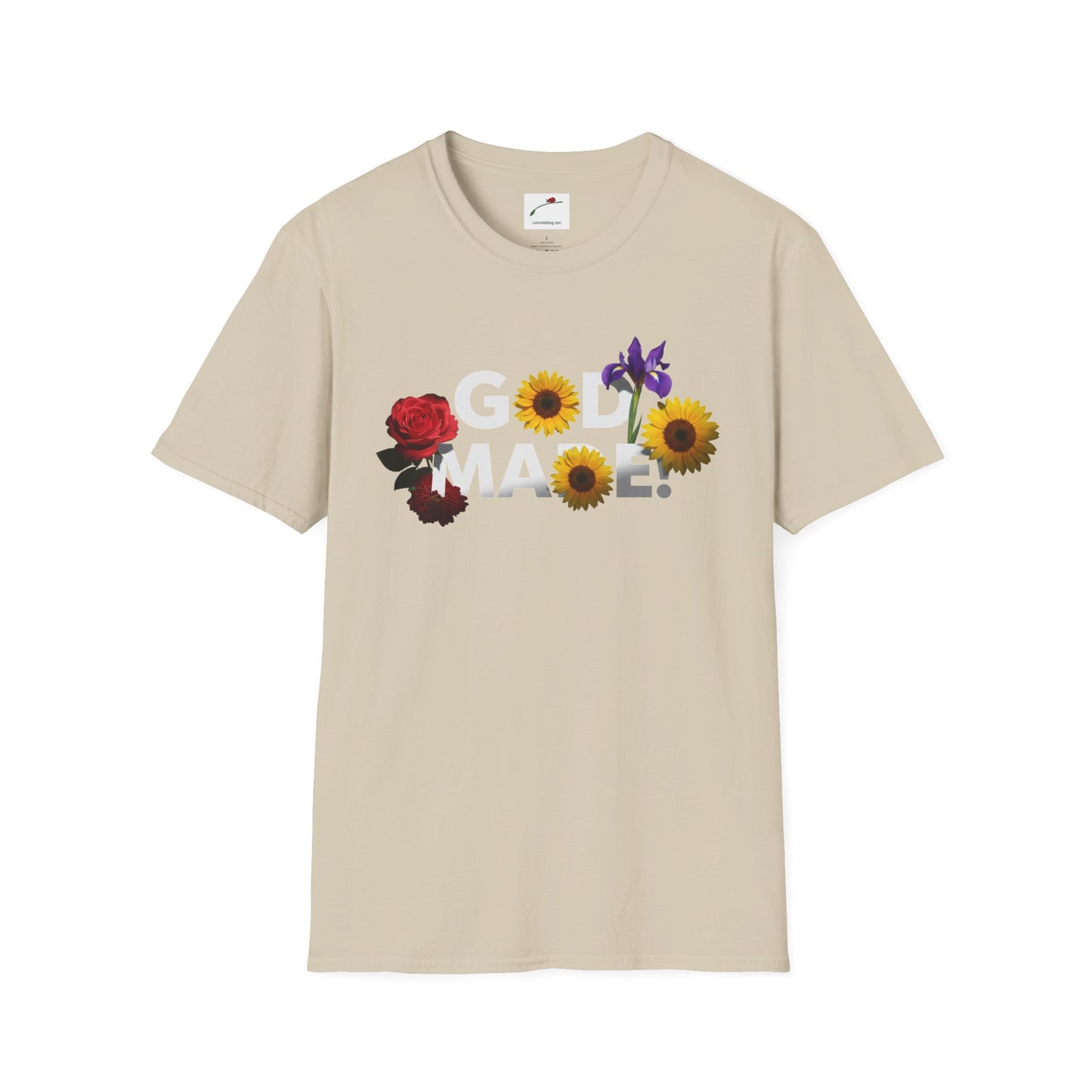 LuckeLadybug beige God Made t-shirt with floral design featuring roses sunflowers and irises