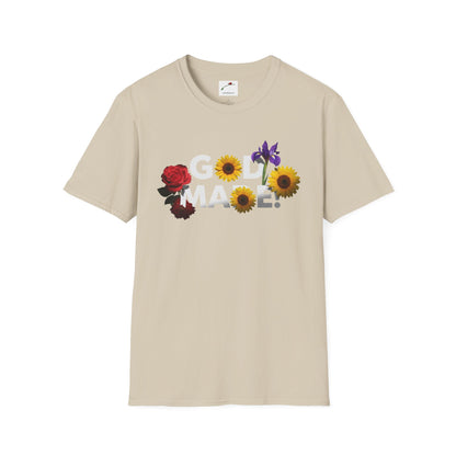 LuckeLadybug beige God Made t-shirt with floral design featuring roses sunflowers and irises