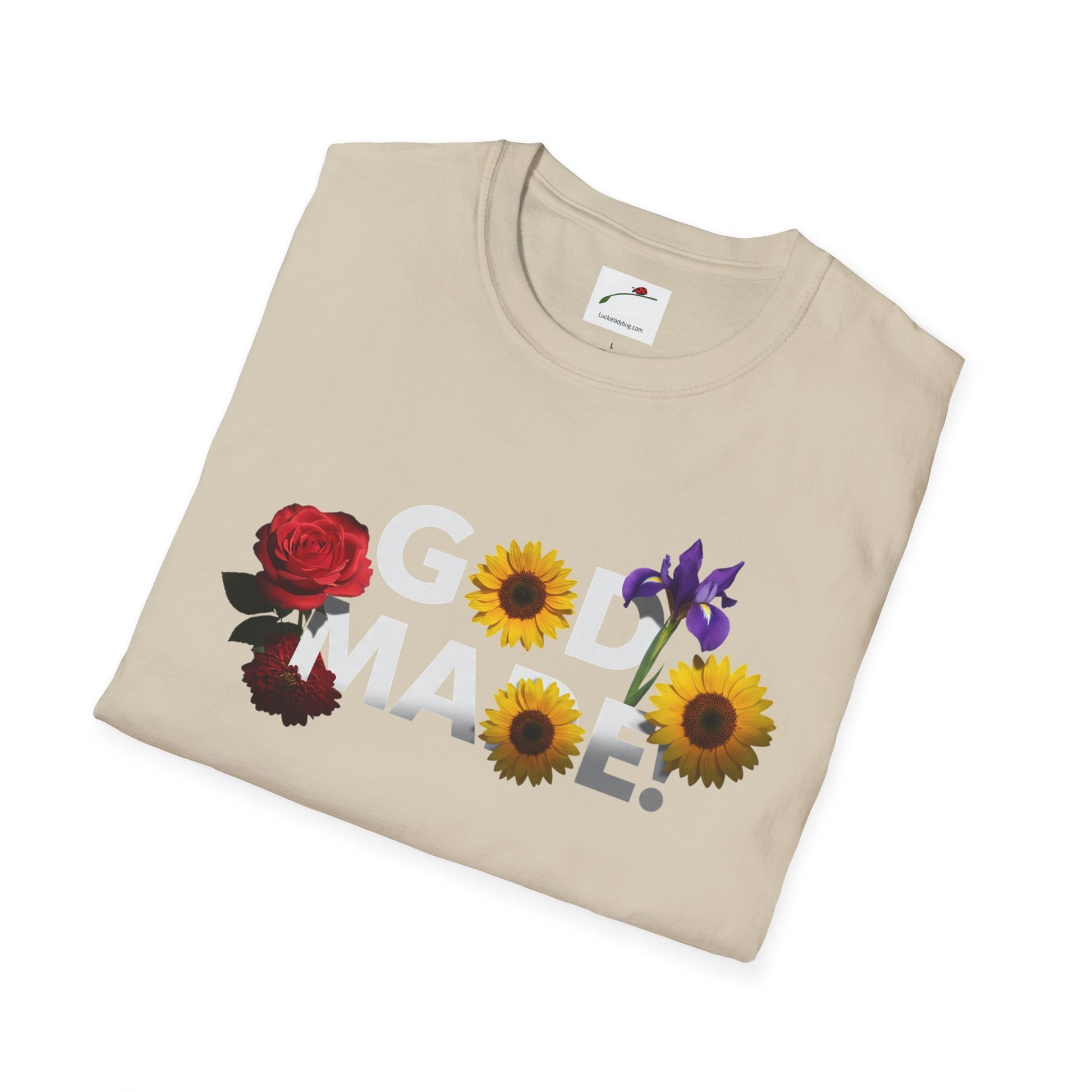 Beige God Made t-shirt by LuckeLadybug featuring floral design with rose sunflower and iris flowers
