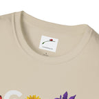 LuckeLadybug beige God Made t-shirt with colorful floral design and round neckline