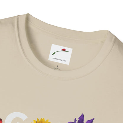 LuckeLadybug beige God Made t-shirt with colorful floral design and round neckline