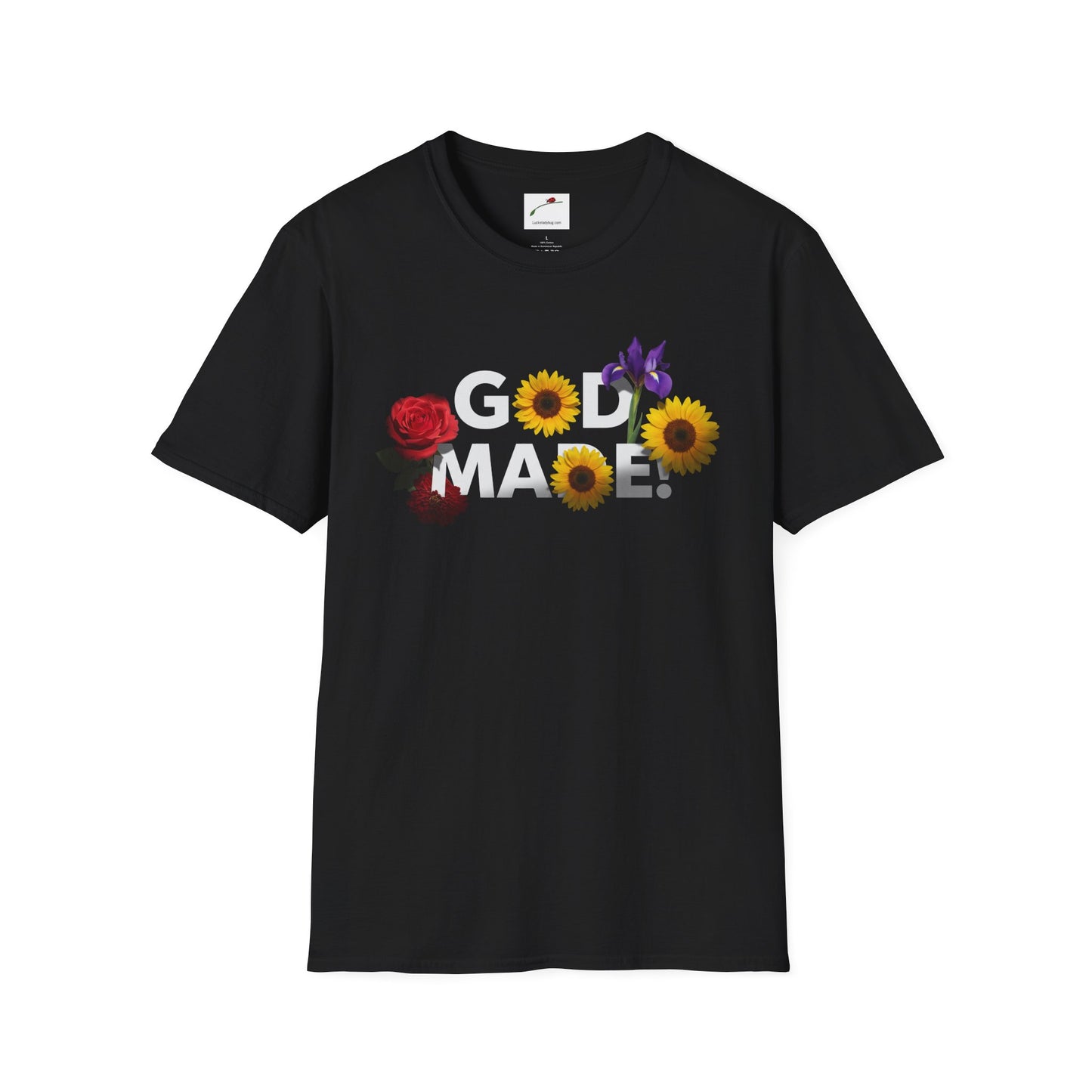 Black God Made t-shirt by LuckeLadybug with colorful floral lettering including rose and sunflowers
