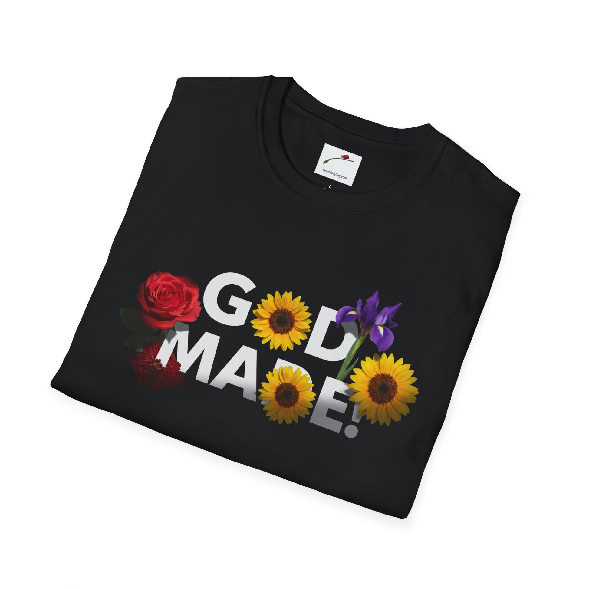 Black LuckeLadybug God Made t-shirt with colorful floral design including rose sunflower and iris