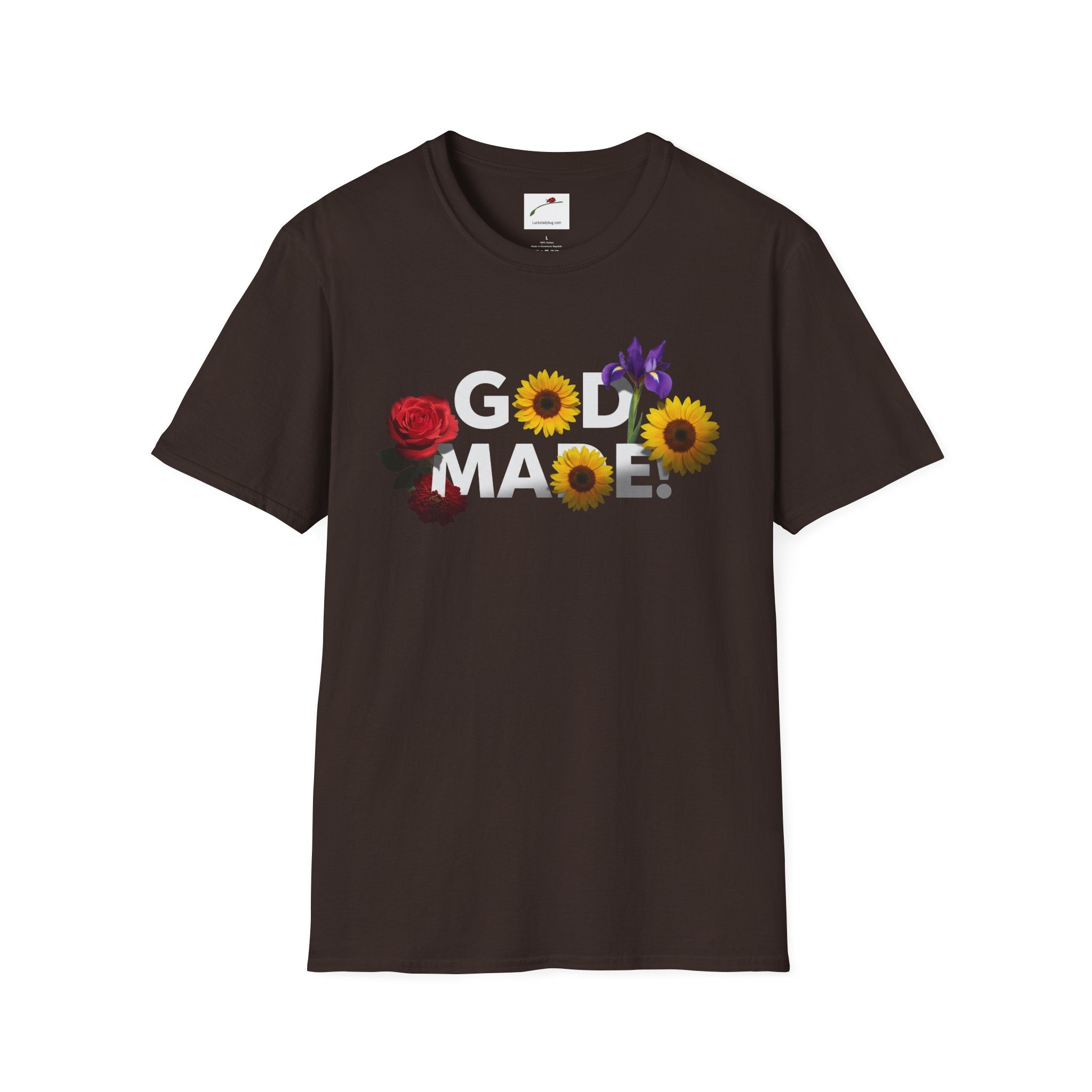LuckeLadybug God Made t-shirt in black with floral design featuring red rose, sunflowers, and purple flower