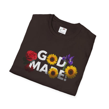 LuckeLadybug God Made t-shirt in black with colorful flower design on front