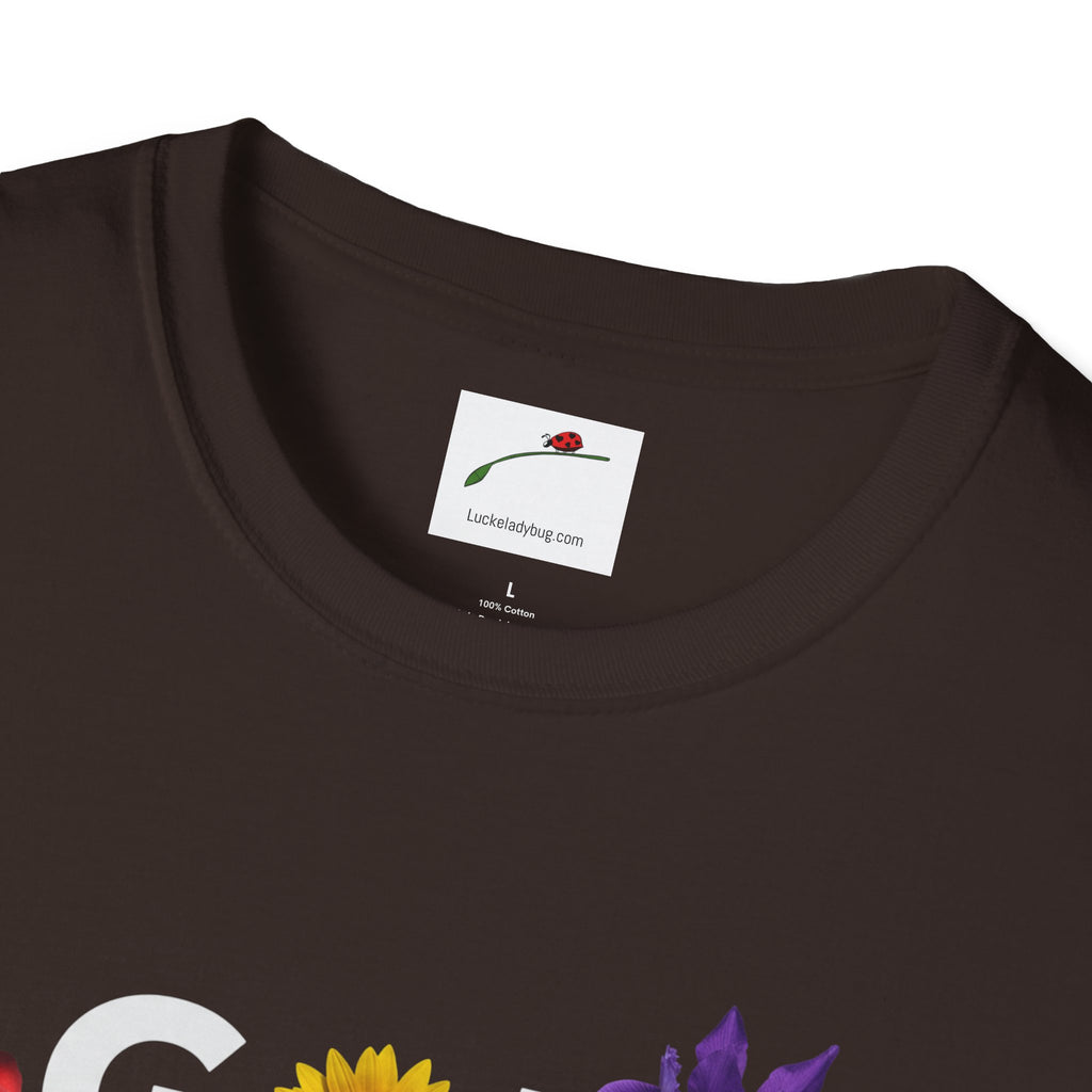 LuckeLadybug God Made t-shirt in black showing neckline and tag with floral design