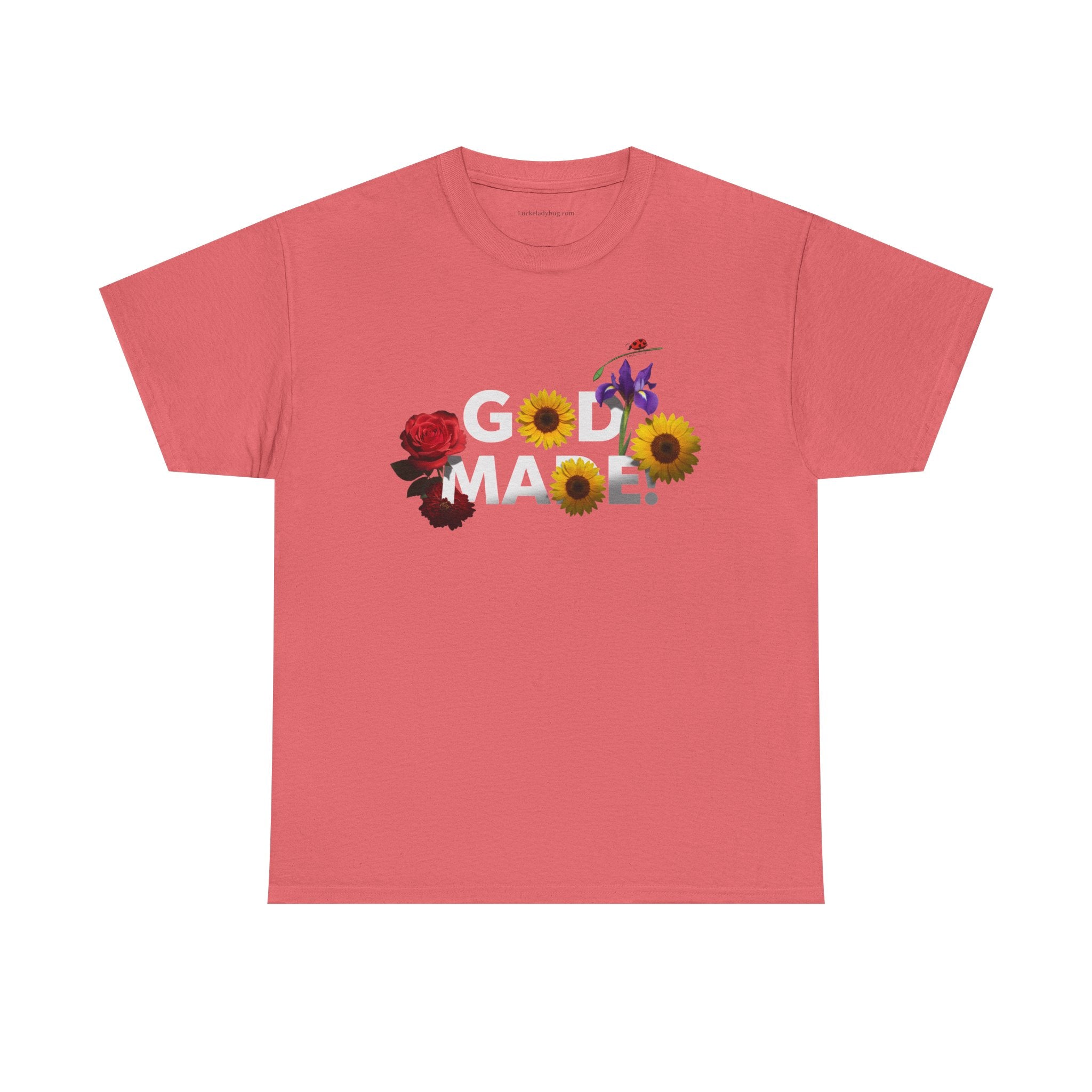 Printify God Made t-shirt casual in pink with floral and butterfly design on front