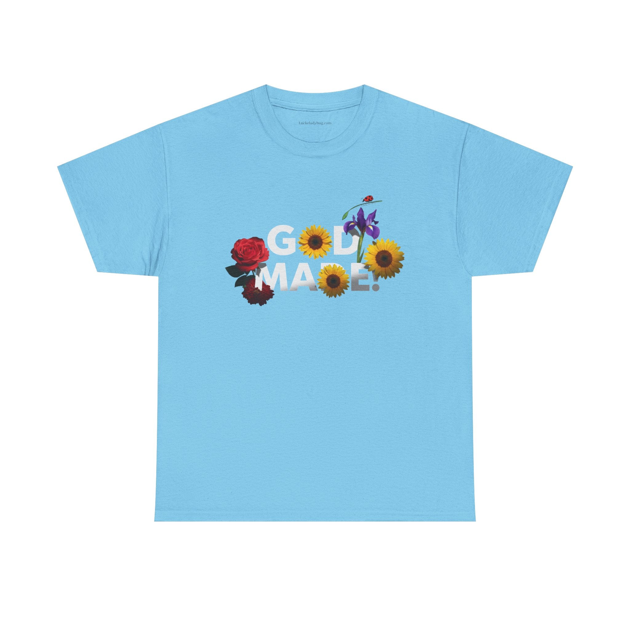 Printify God Made t-shirt casual in light blue with floral design and bold white text