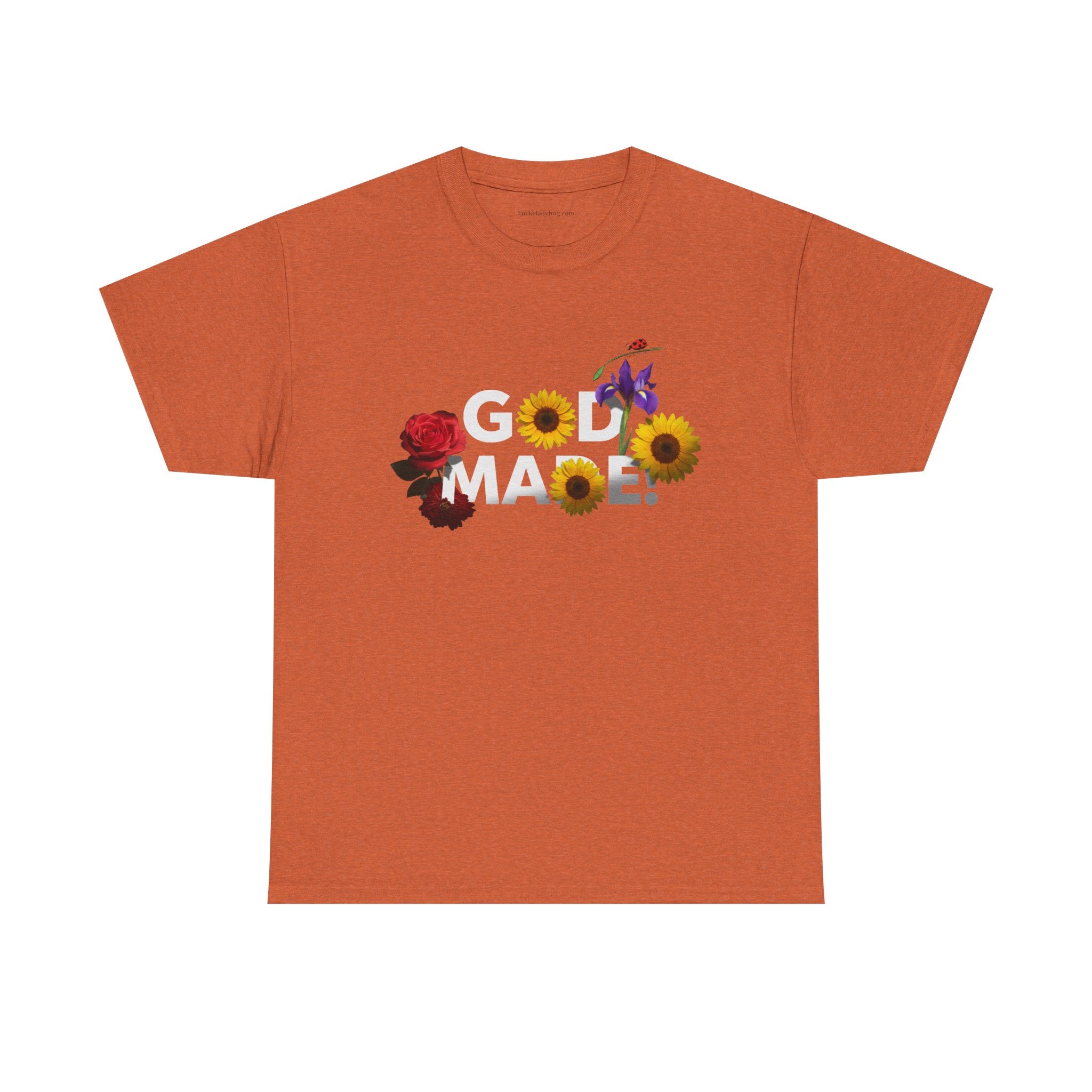 God Made t-shirt casual in orange with floral and sunflower design printed on front by Printify