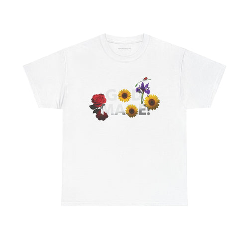 White God Made t-shirt casual with floral design including rose, sunflowers, and iris flower