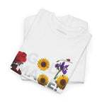 White God Made t-shirt casual with floral design featuring sunflowers, rose, iris, and ladybug
