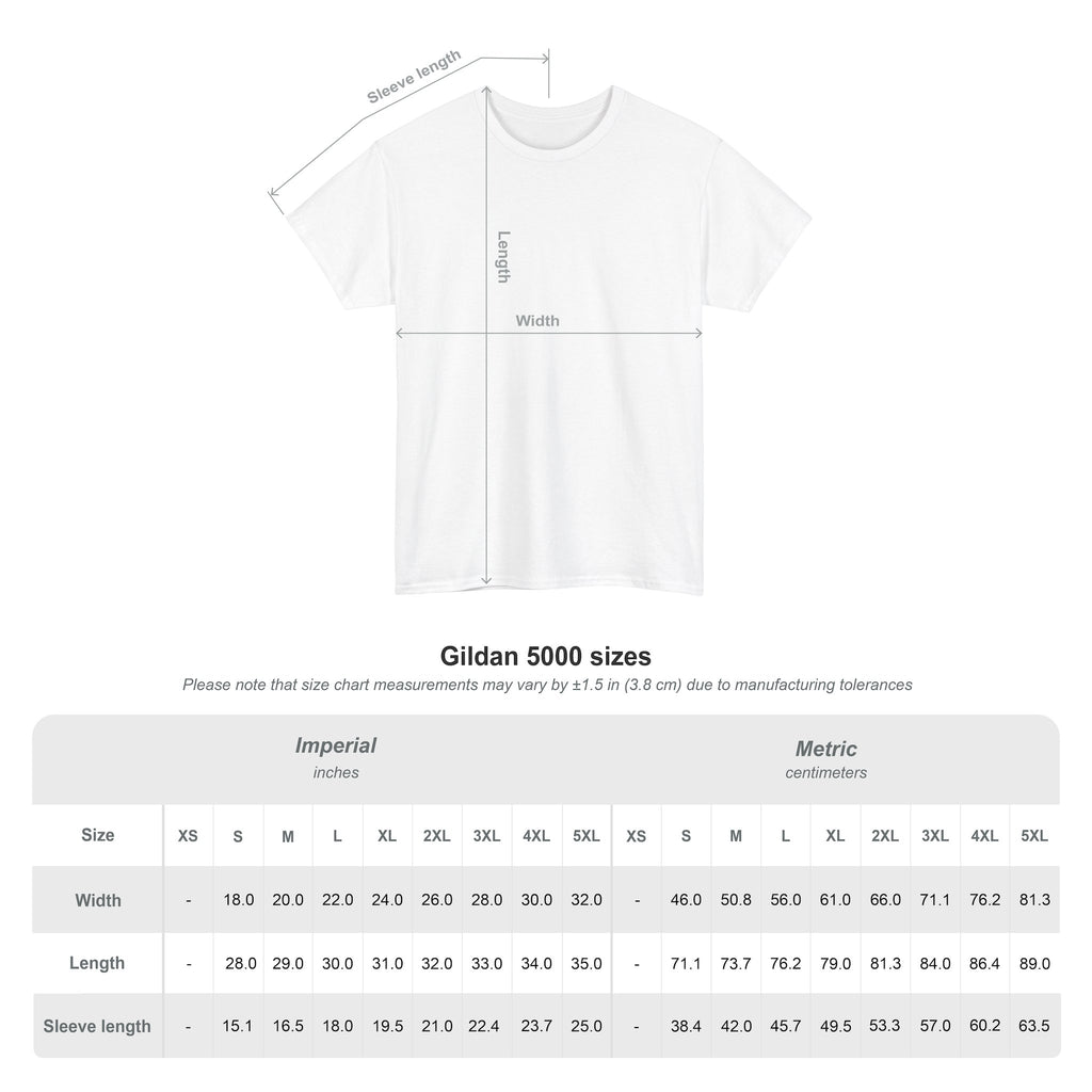 White Gildan 5000 t-shirt with size measurements diagram for God Made t-shirt casual