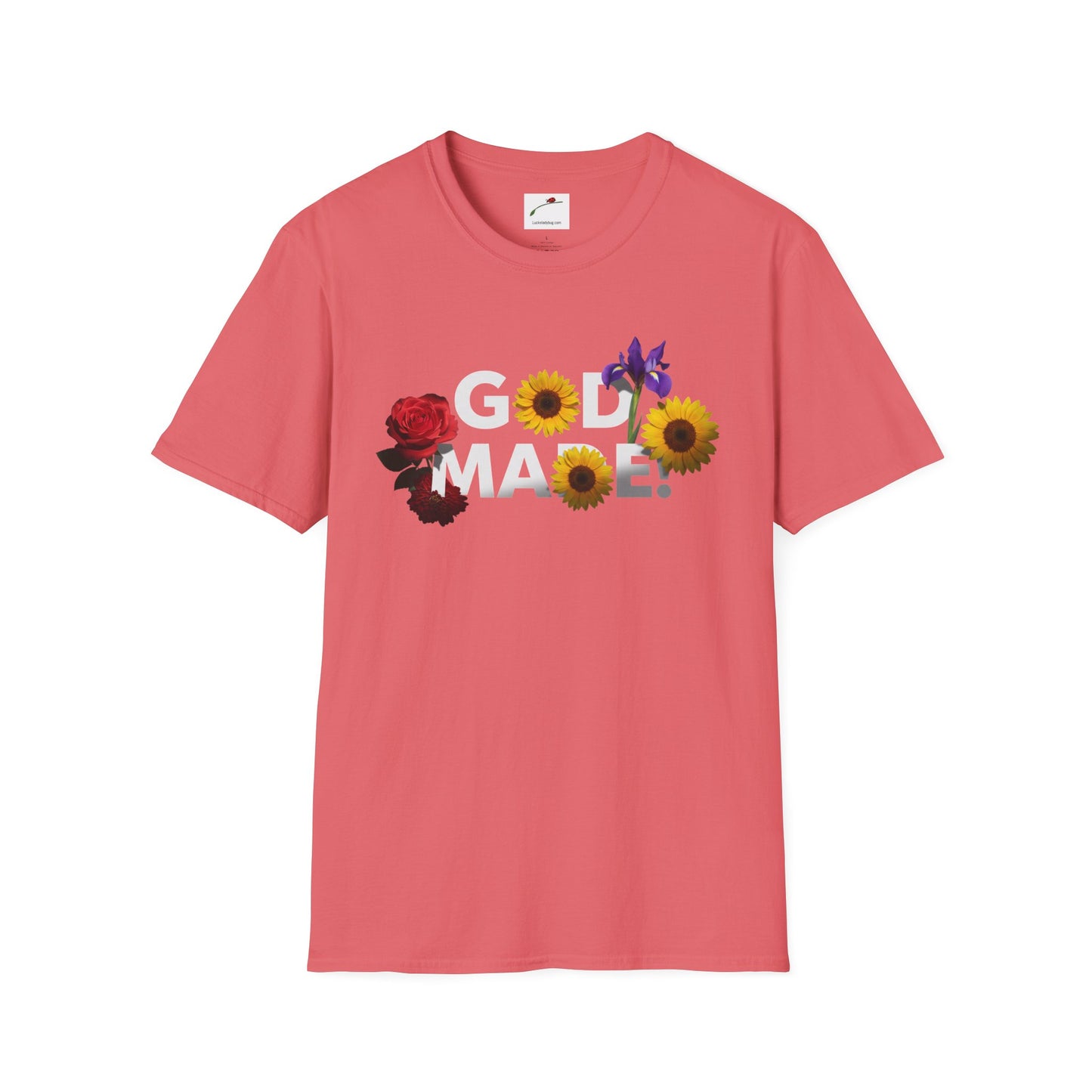 LuckeLadybug coral God Made t-shirt with floral design including rose, sunflower, and iris