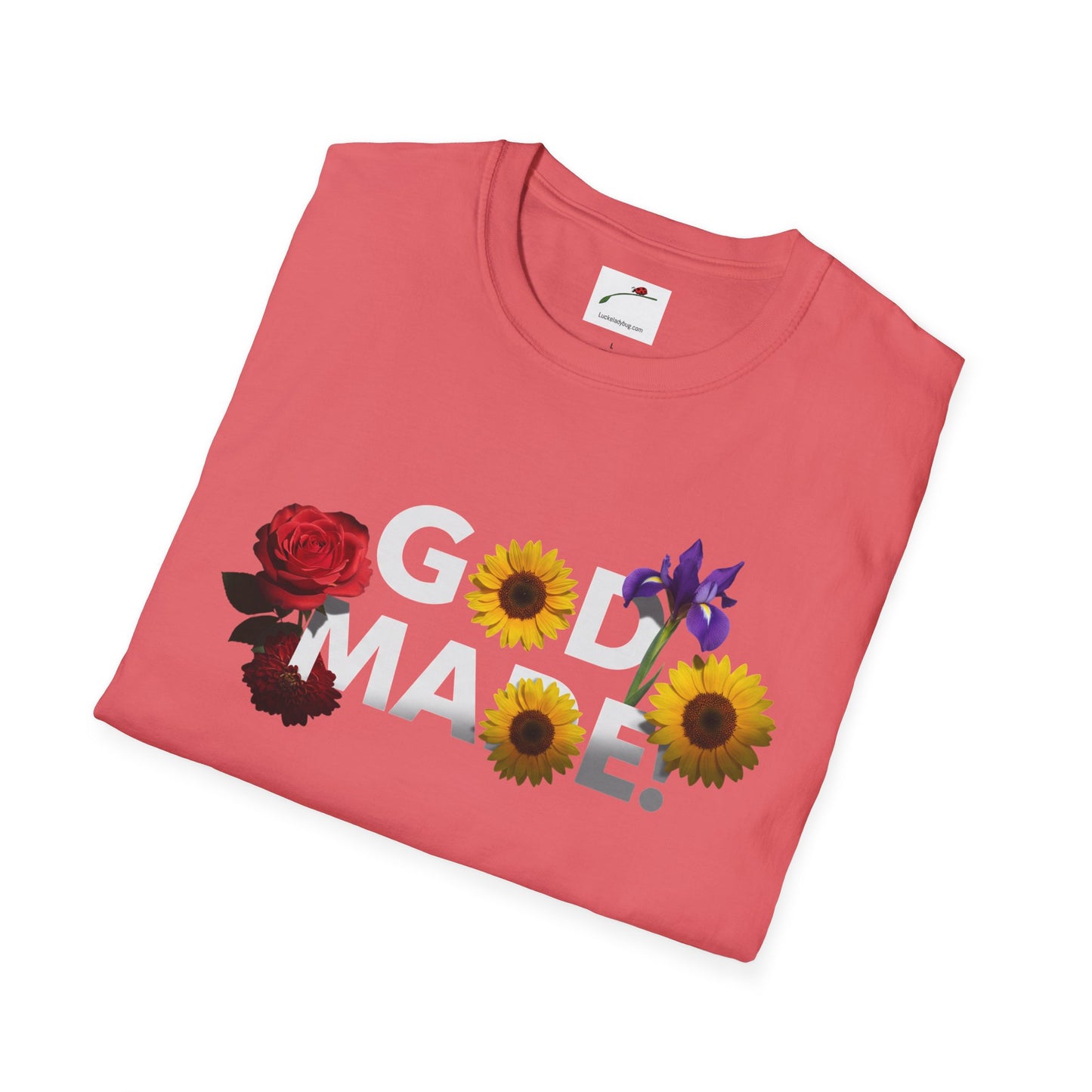 LuckeLadybug God Made t-shirt in coral with floral design featuring roses sunflowers and irises
