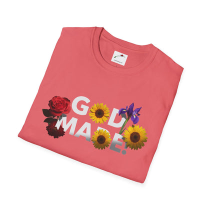 LuckeLadybug God Made t-shirt in coral with floral design featuring roses sunflowers and irises