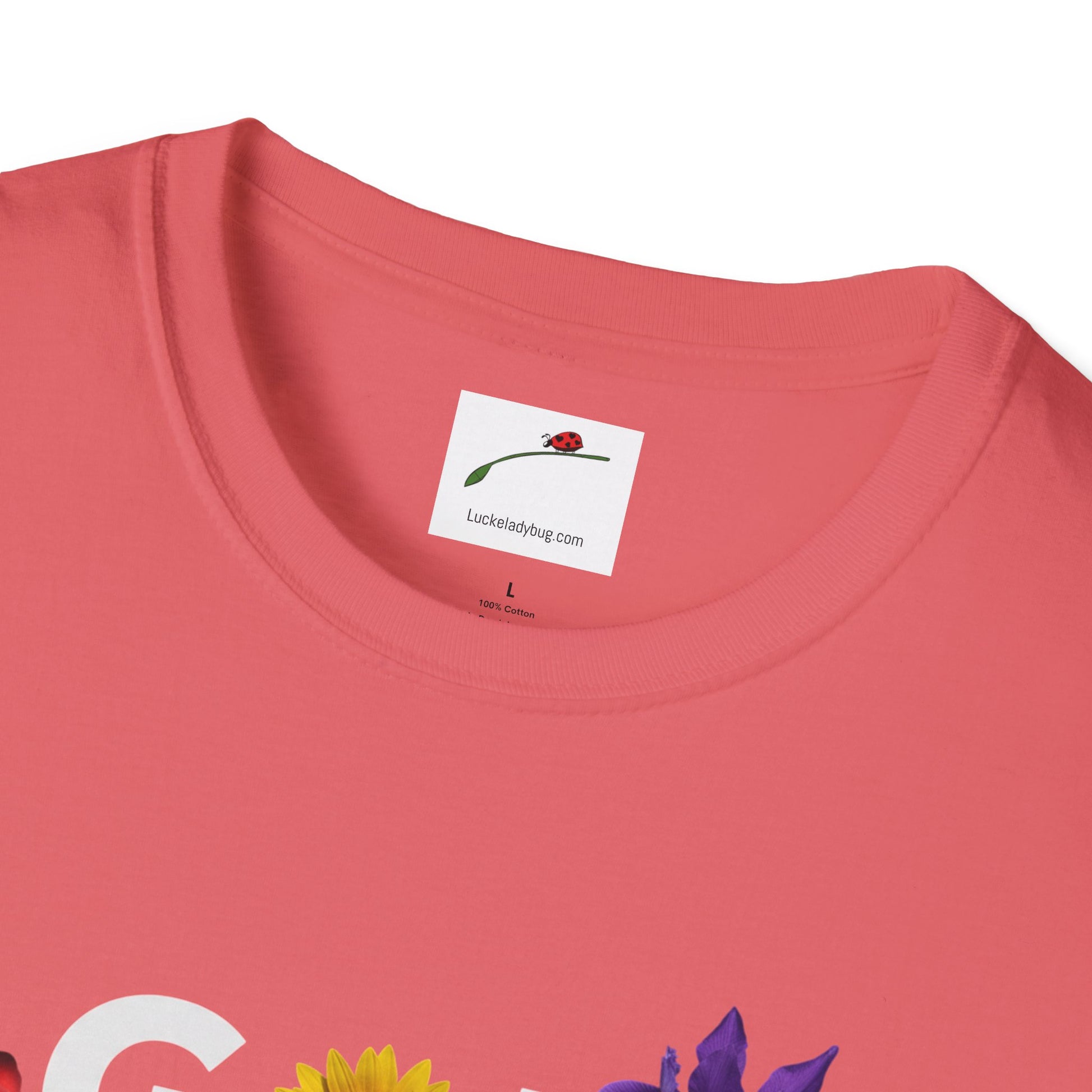 LuckeLadybug God Made t-shirt in coral color with floral design near neckline