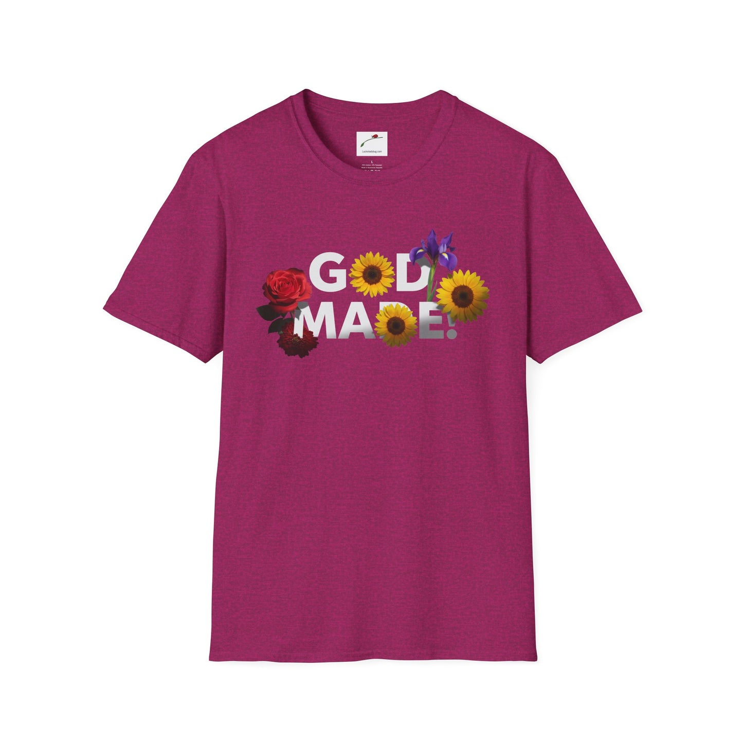 LuckeLadybug God Made t-shirt in purple with floral design including roses and sunflowers