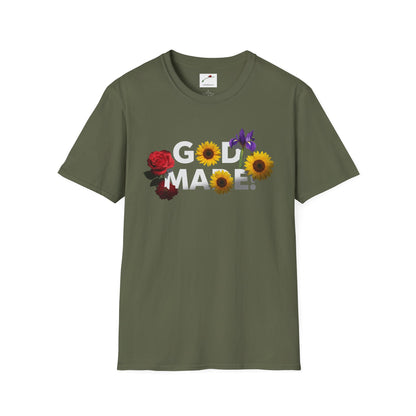 Olive green God Made t-shirt with floral design including rose, sunflower, and iris by LuckeLadybug
