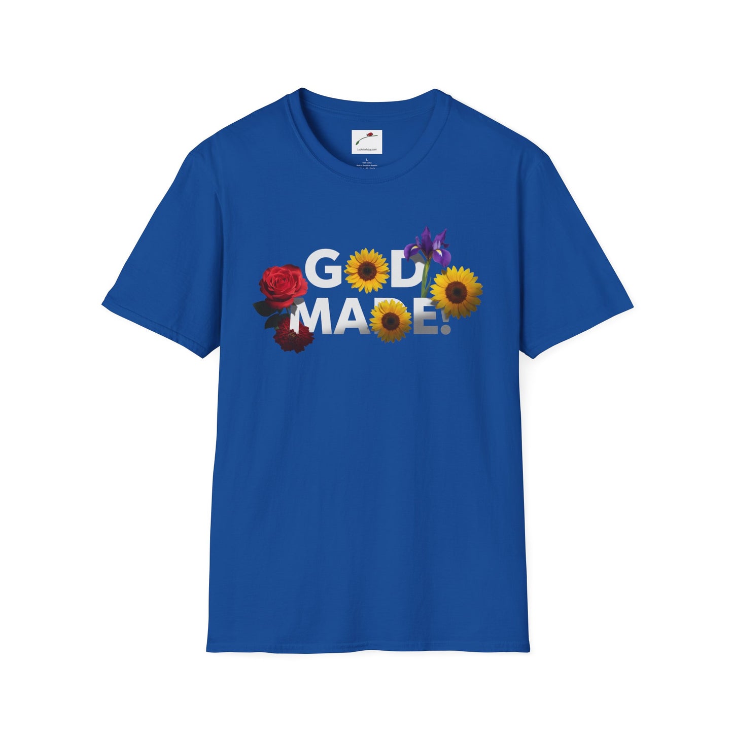 Blue LuckeLadybug God Made t-shirt with floral design featuring rose sunflower and iris flowers