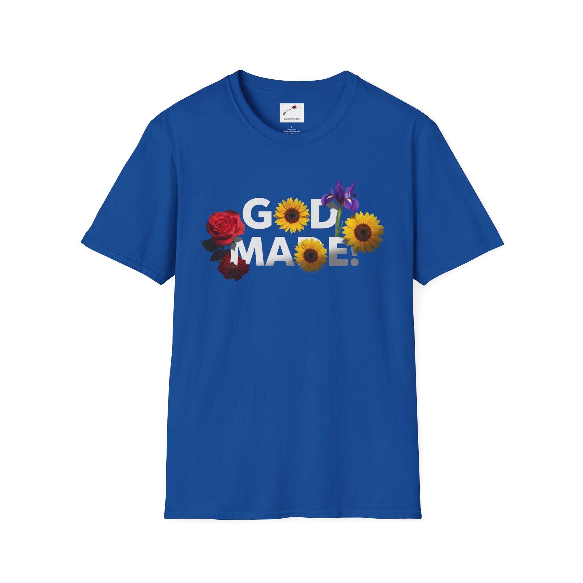 Blue LuckeLadybug God Made t-shirt with floral design featuring rose sunflower and iris flowers