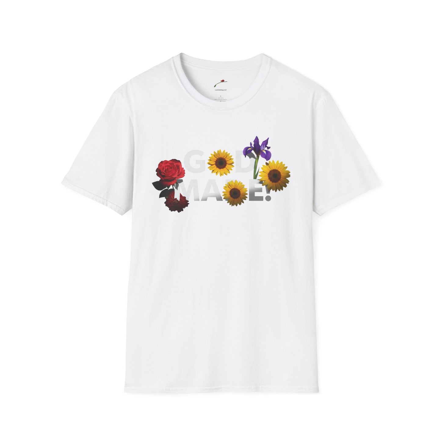 White God Made t-shirt by LuckeLadybug with floral design featuring rose sunflower and iris