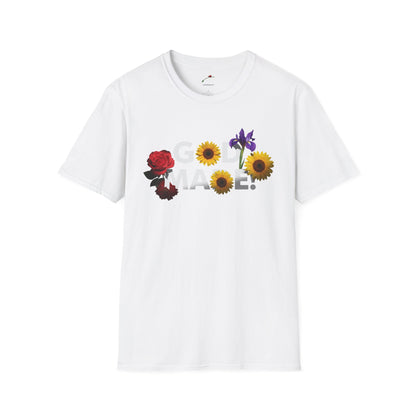 White God Made t-shirt by LuckeLadybug with floral design featuring rose sunflower and iris
