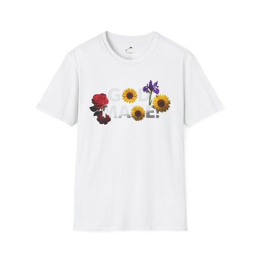 White God Made t-shirt by LuckeLadybug with floral design featuring rose sunflower and iris