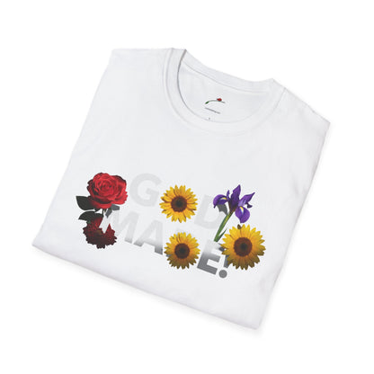 White God Made t-shirt by LuckeLadybug with colorful floral design featuring rose sunflower and iris