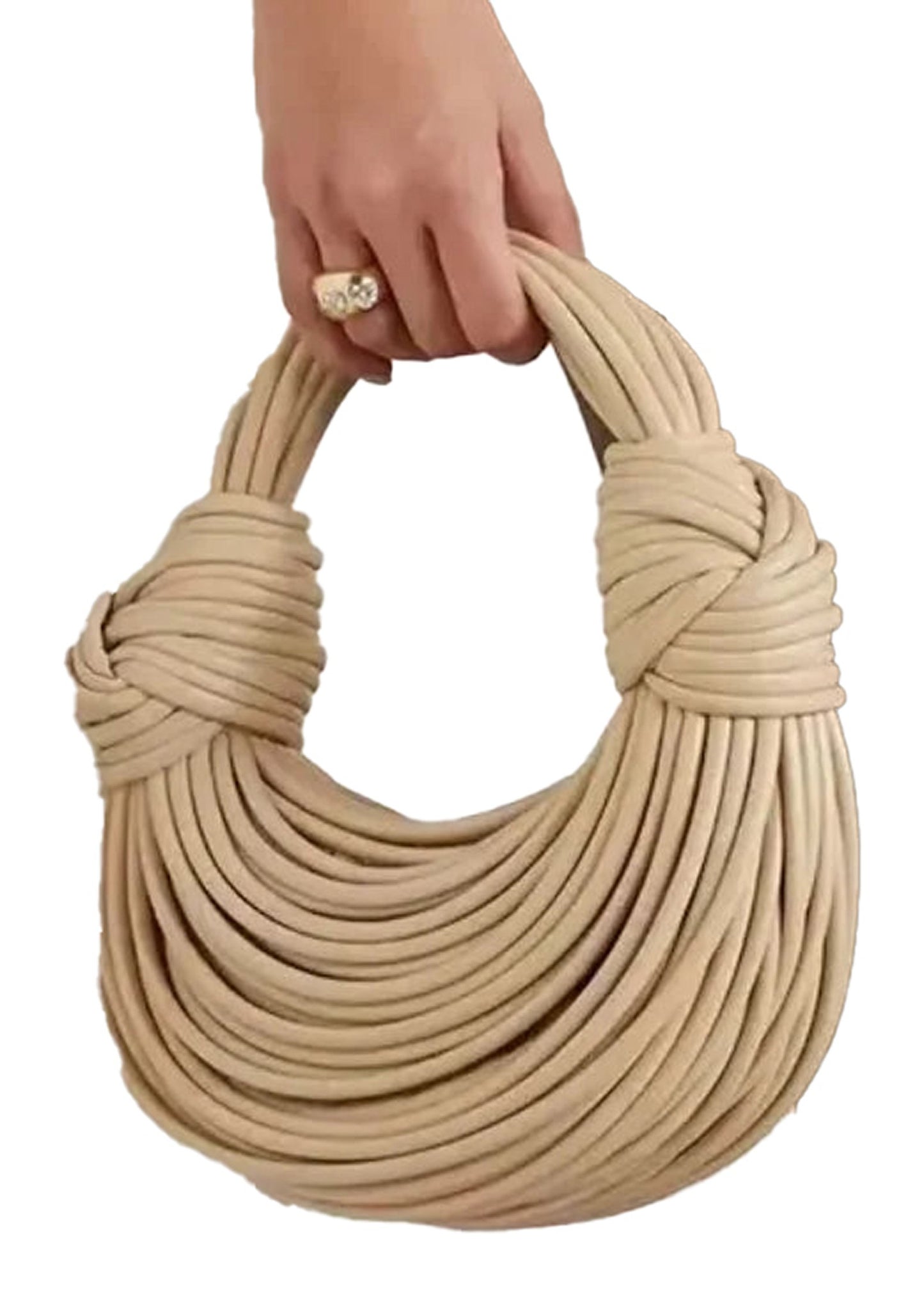 Elegant gold designer handwoven handbag with twisted handle for a chic look