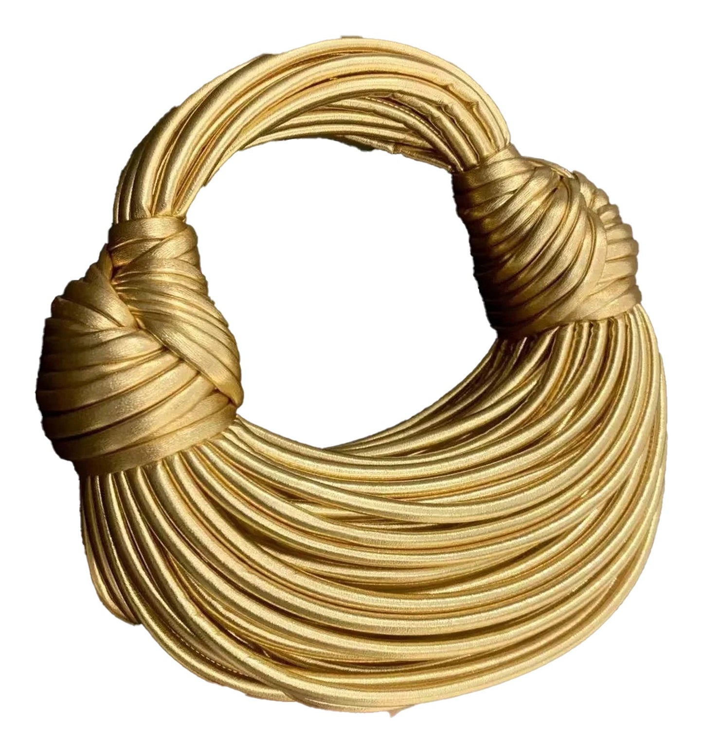 Gold designer handwoven handbag with an elegant, twisted handle for stylish outings