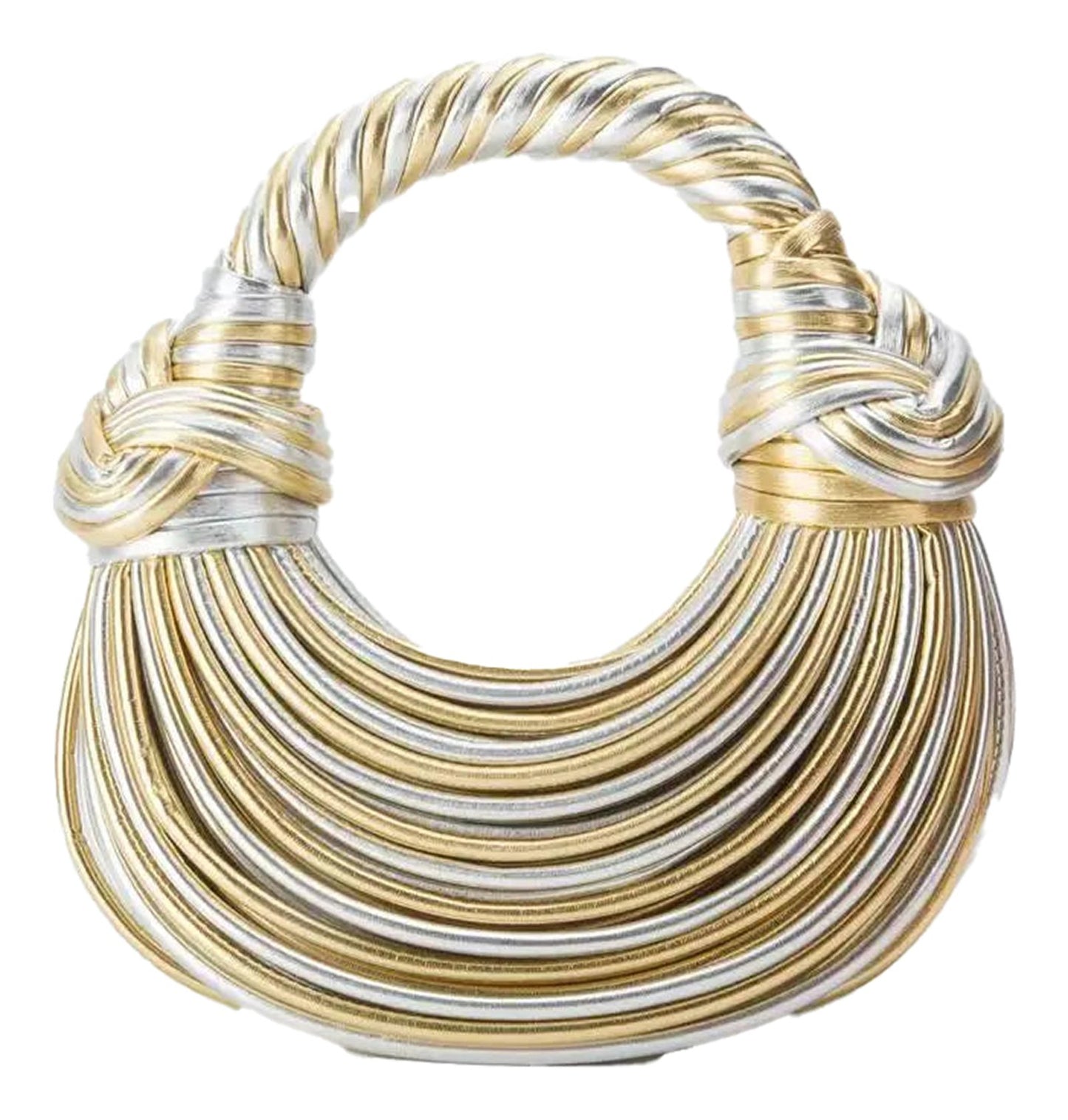 Gold designer handwoven handbag with a unique twisted handle and elegant design for stylish outings