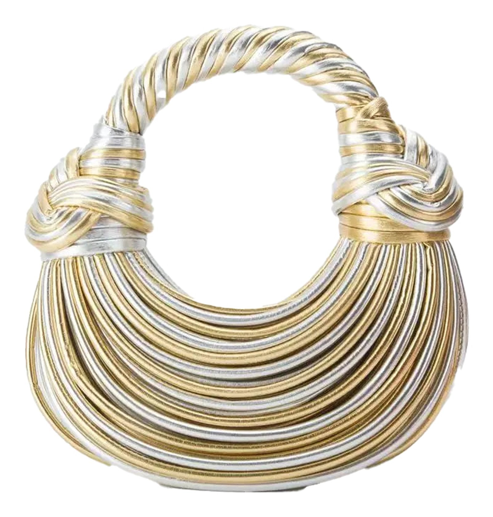 Gold designer handwoven handbag with a unique twisted handle and elegant design for stylish outings