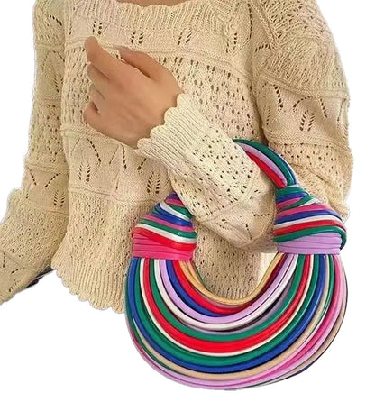 Colorful Hobo Style Bag with Handwoven Design, perfect for fashion lovers featuring a gold designer handwoven handbag.