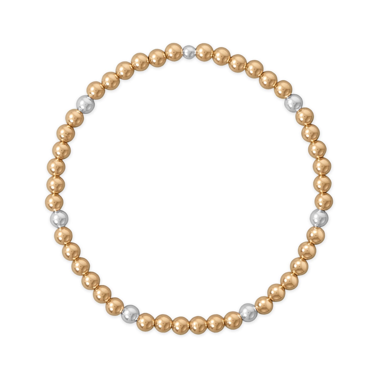 Gold filled and silver bead stretch bracelet featuring alternating gold and silver beads for a stylish look