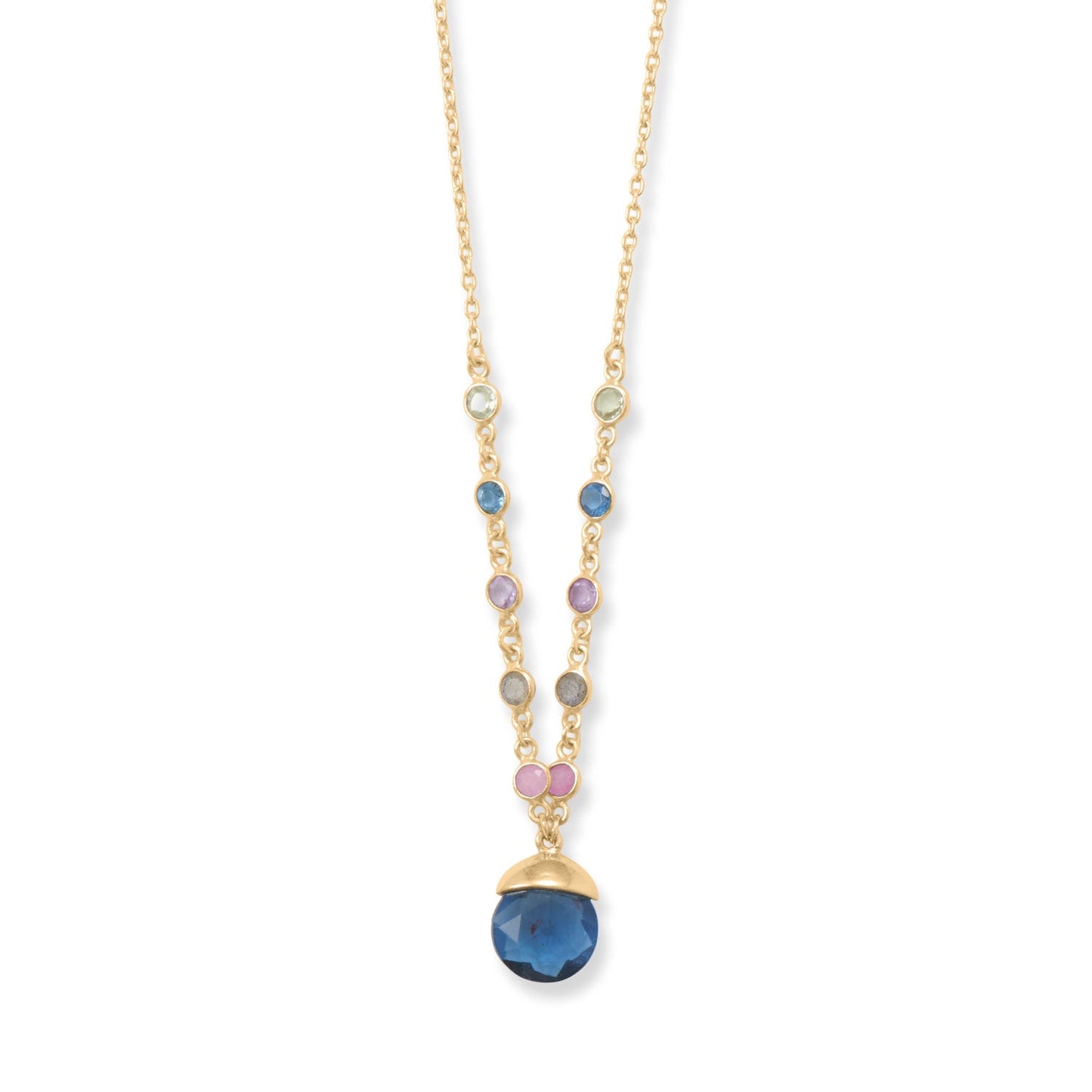 Gold plated blue glass drop necklace with delicate chain and colorful accent stones
