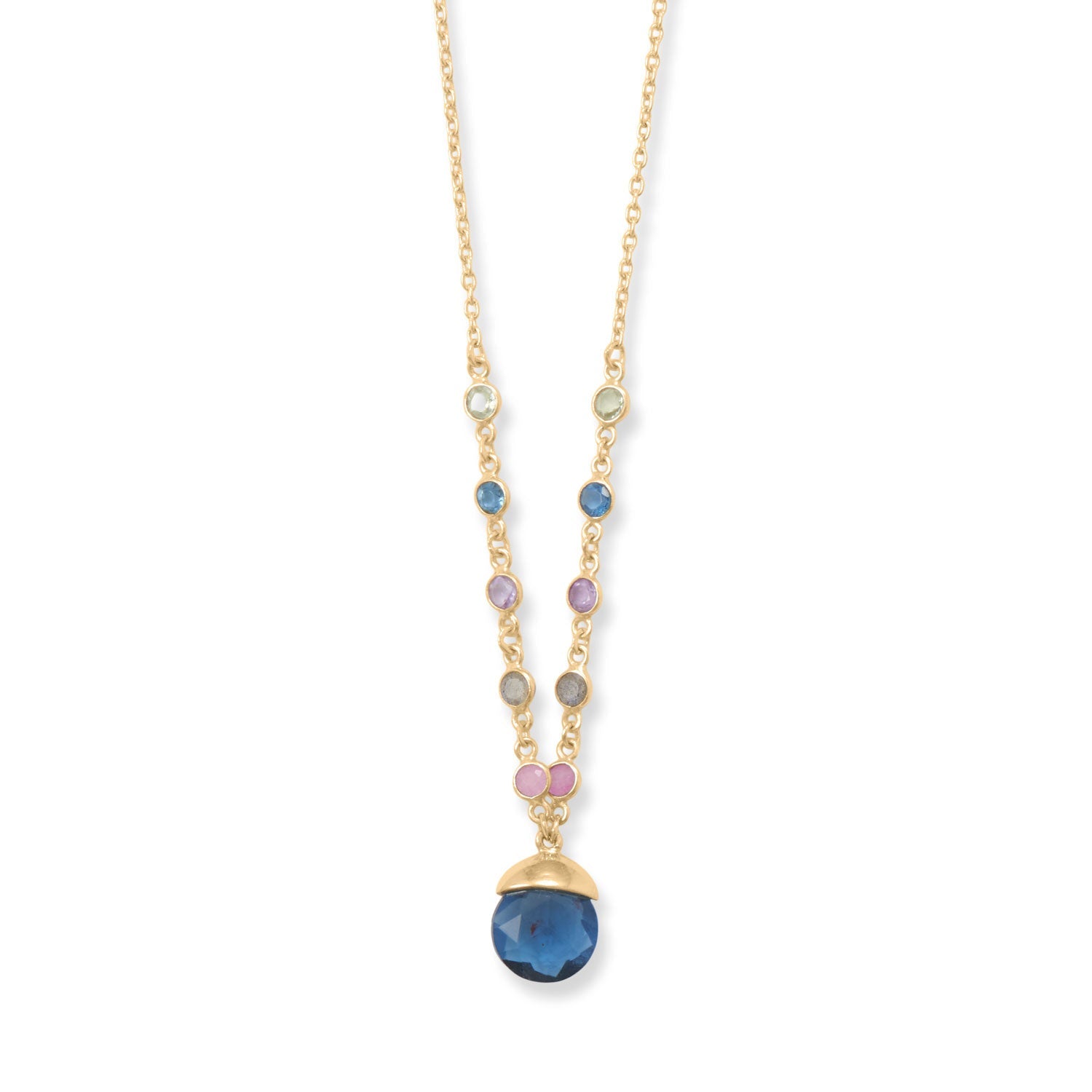 Gold plated blue glass drop necklace with delicate chain and colorful accent stones