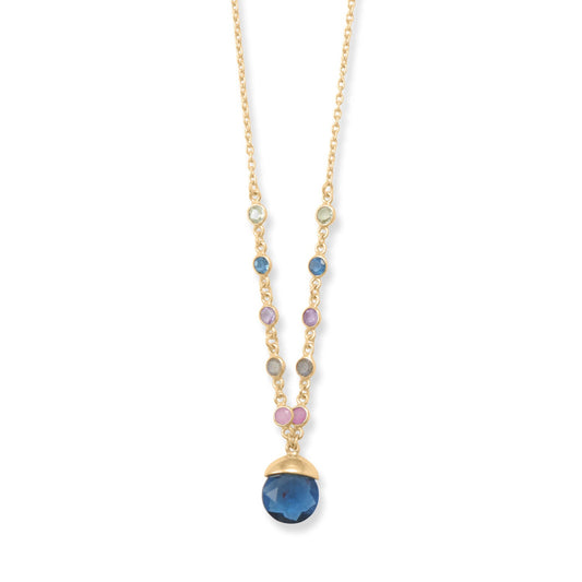 Gold plated blue glass drop necklace with delicate chain and colorful accent stones