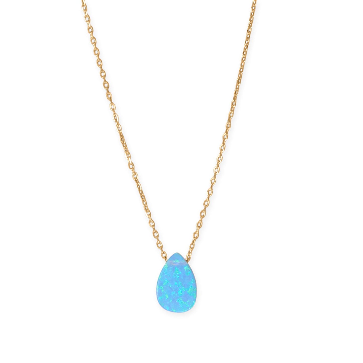 Gold plated opal pear necklace featuring a shimmering blue opal pendant on a delicate chain