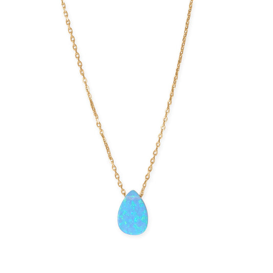 Gold plated opal pear necklace featuring a shimmering blue opal pendant on a delicate chain
