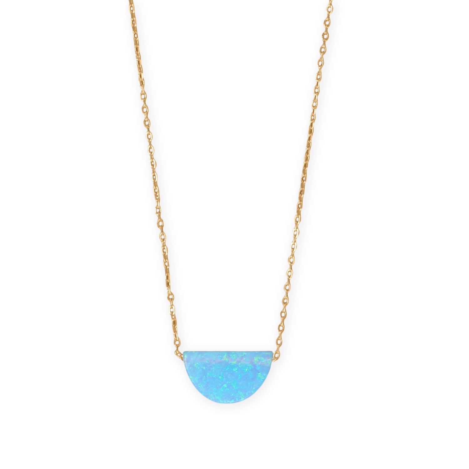 Gold plated opal semicircle necklace featuring a shimmering blue opal pendant on a delicate chain