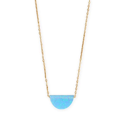 Gold plated opal semicircle necklace featuring a shimmering blue opal pendant on a delicate chain