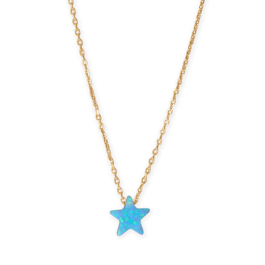 Gold plated opal star necklace featuring a bright blue star pendant on a delicate chain