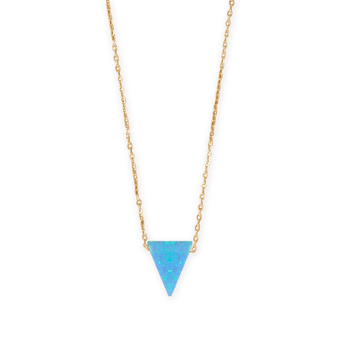 Gold plated opal triangle necklace featuring a stunning blue opal pendant