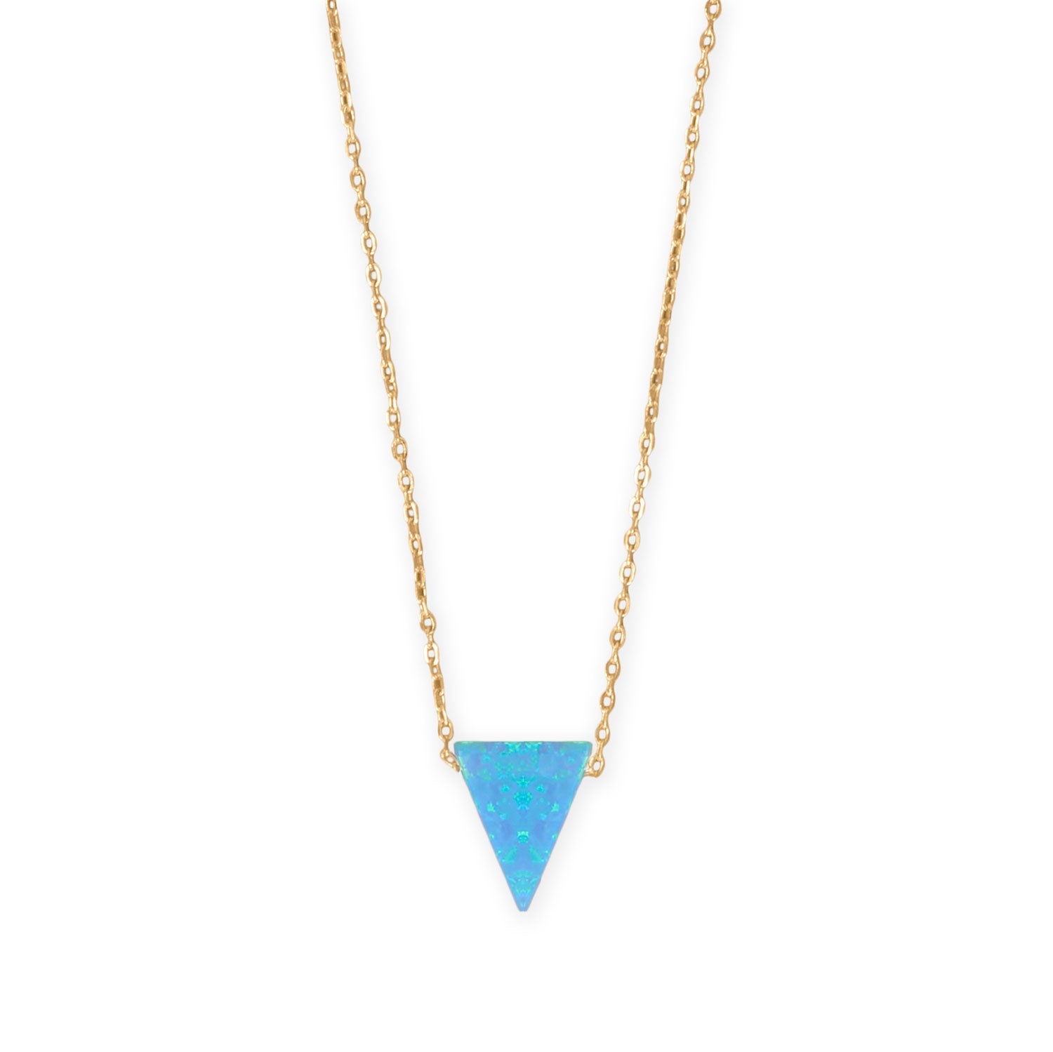 Gold plated opal triangle necklace featuring a stunning blue opal pendant