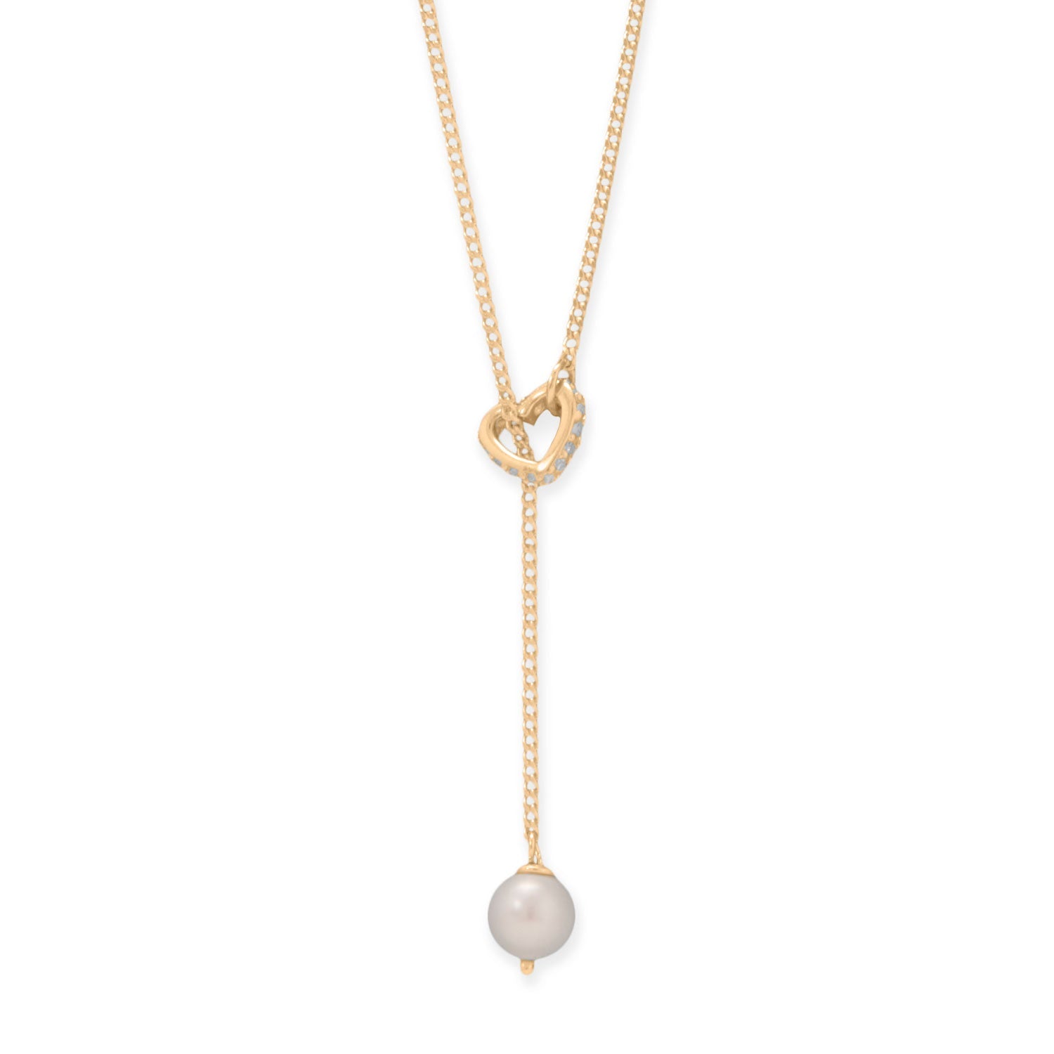 Gold plated pearl lariat necklace with a heart-shaped design and a dangling pearl accent