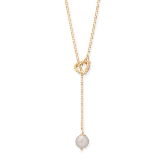 Gold plated pearl lariat necklace with a heart-shaped design and a dangling pearl accent